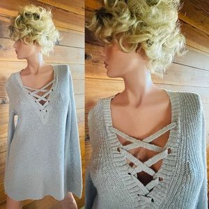 AMERICAN EAGLE OUTFITTERS Grey LACE-UP Pullover SWEATER AEO Size Medium